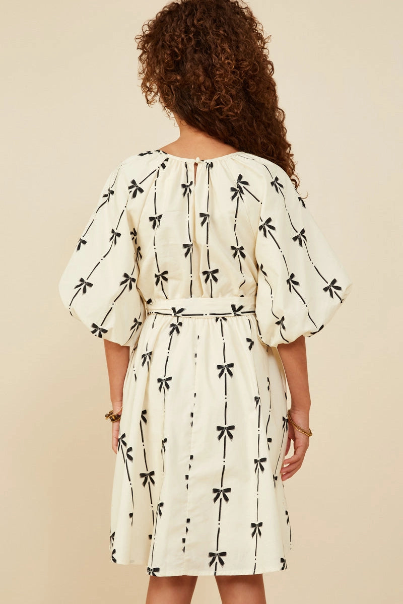 All Over Bow Print Belted Dress Ivory