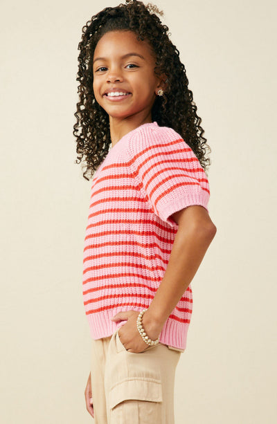 Striped Puff Sleeve Short Sleeve Sweater Knit Top Pink Mix