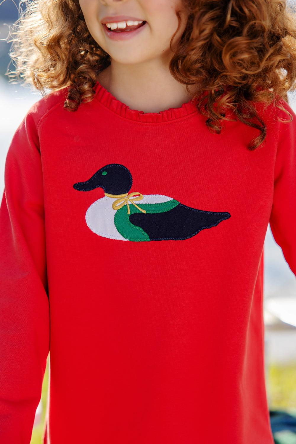 Cassidy Comfy Crewneck RichRed Duck Ruffle & Applique