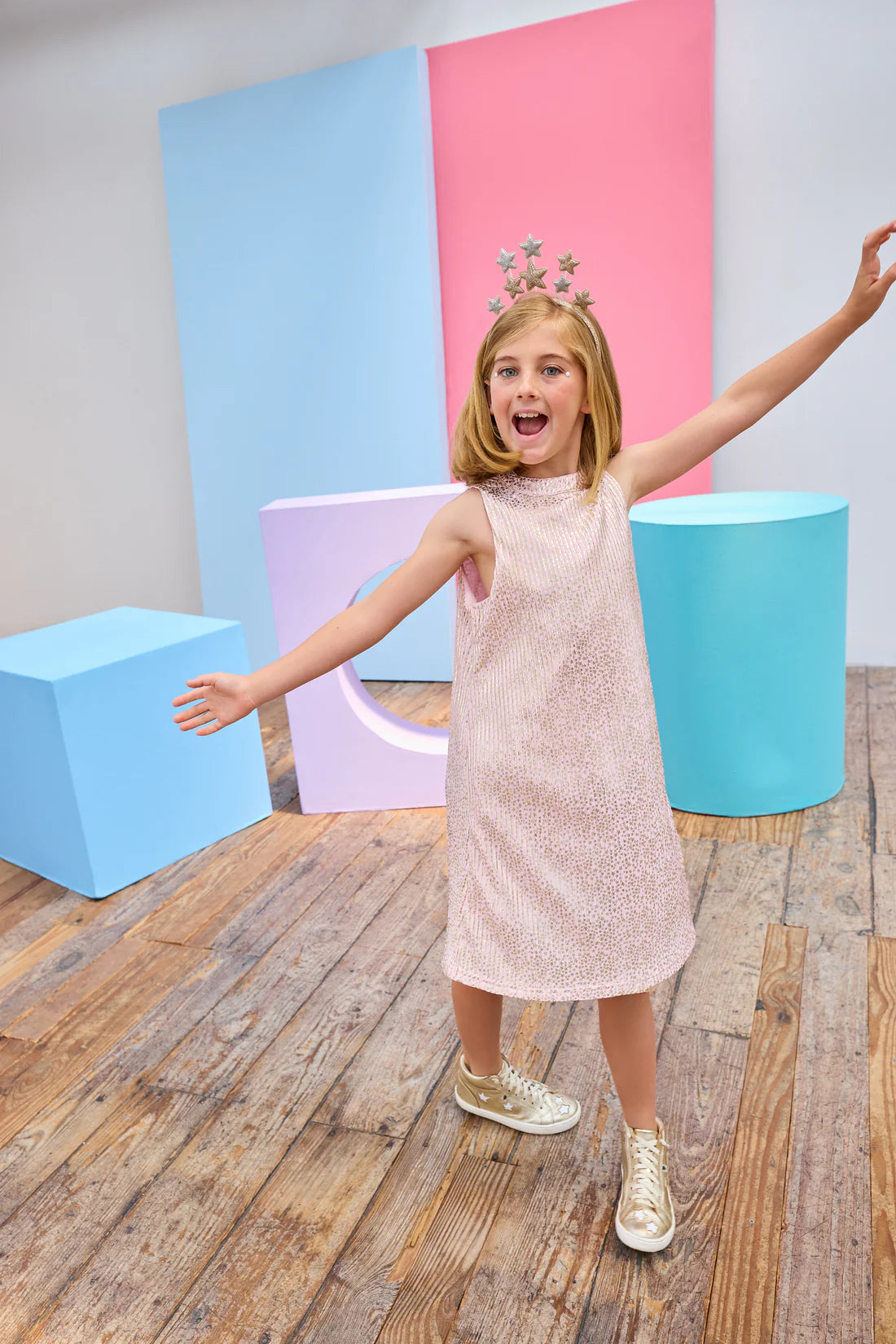 Swing Dress Pink Crinkle Stars
