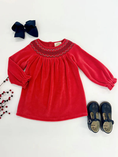 LS Sandy Smocked Dress Velour Richmond Red, Worth Ave White, Nantucket Navy