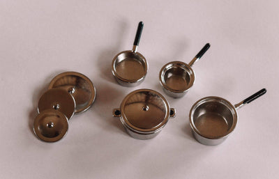 Dollhouse Metal Pots & Pans Set + Lids | Silver