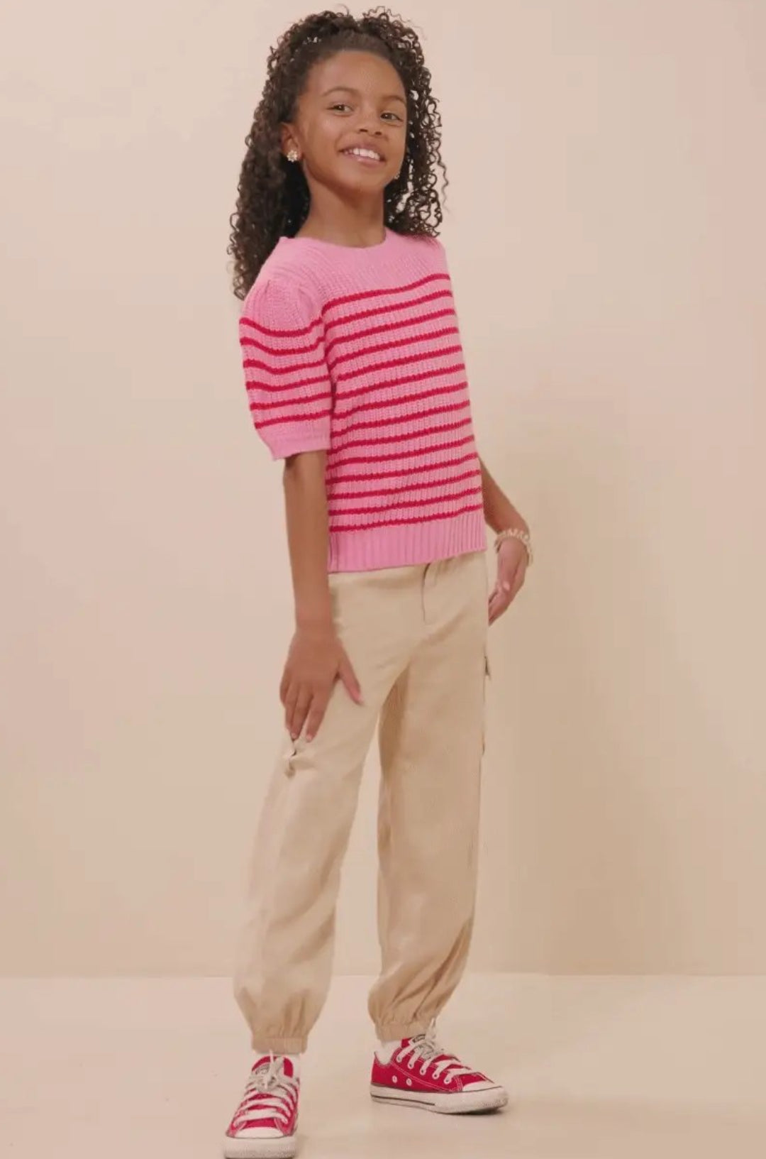 Striped Puff Sleeve Short Sleeve Sweater Knit Top Pink Mix