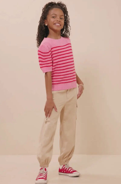 Striped Puff Sleeve Short Sleeve Sweater Knit Top Pink Mix
