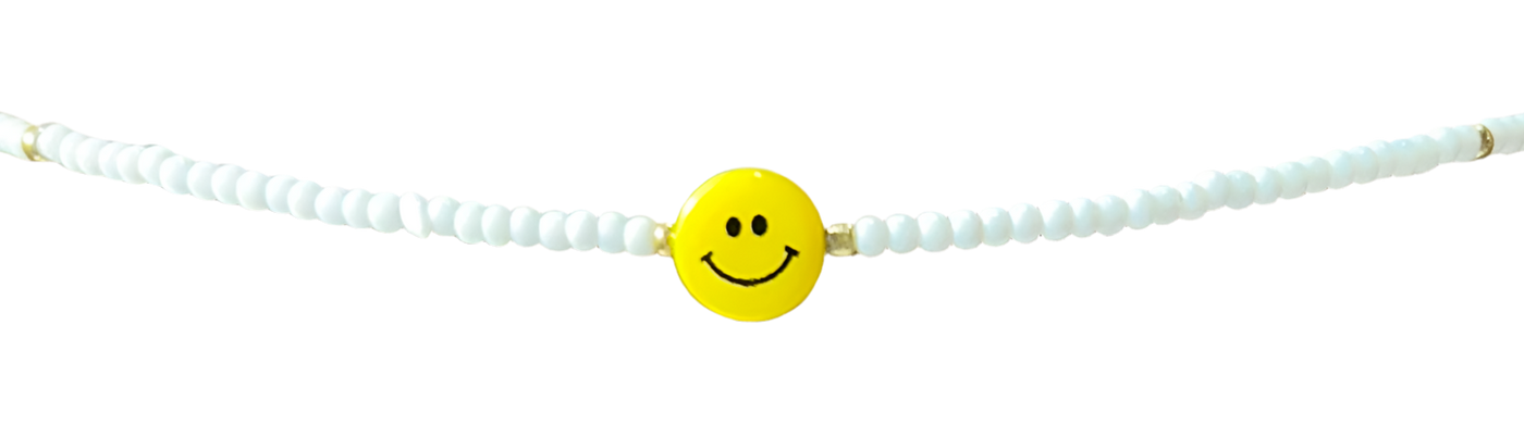 White Beaded Choker w/ Yellow Smiley Face Bead