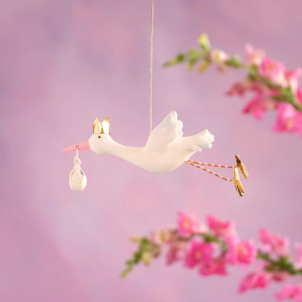 Stork Ornament - Flying - Pink