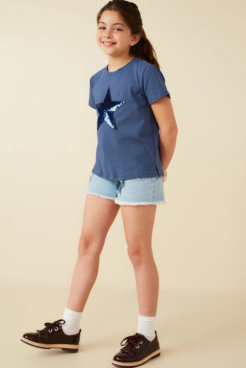 Sequin Star Patch Knit T Shirt Navy