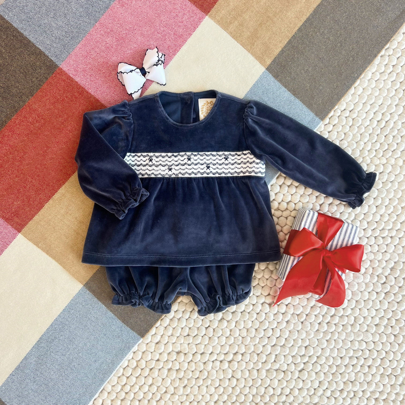 Smocked Bon Air Bloomer Set Velour Nantucket Navy