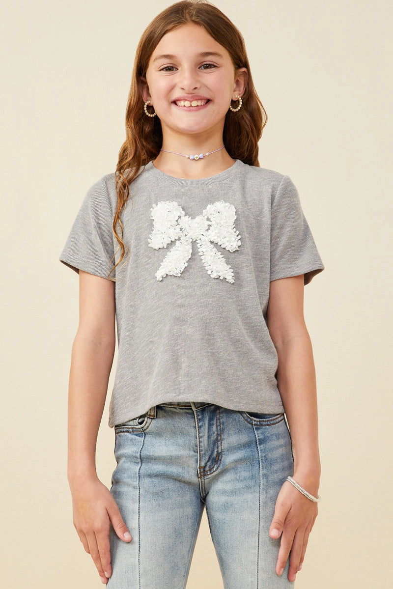 Pearl Detailed Bow Patch Knit T Shirt Heather Grey