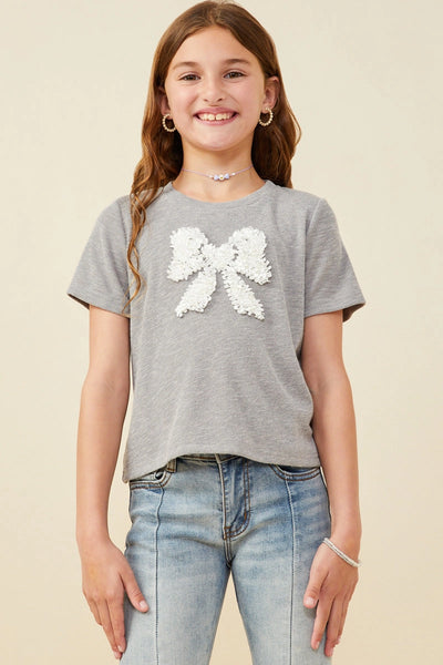 Pearl Detailed Bow Patch Knit T Shirt Heather Grey
