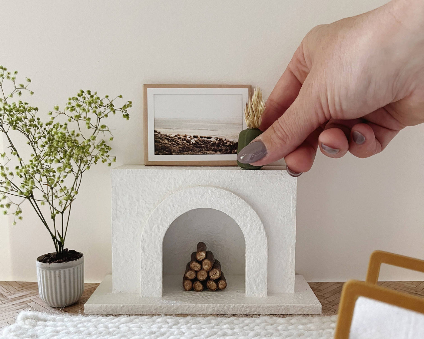 Modern Miniature Dollhouse Fireplace: White Stucco