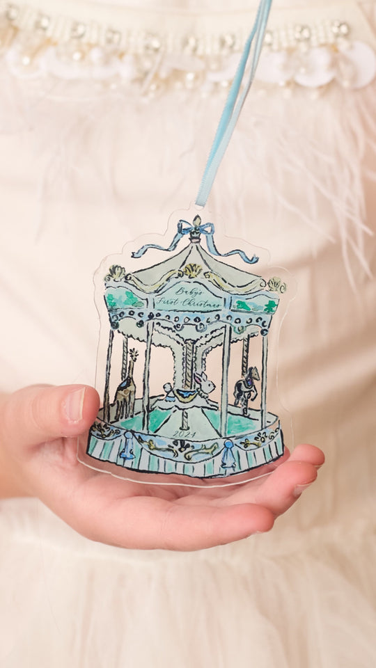 Baby's First Christmas Carousel Ornament Blue Ribbon