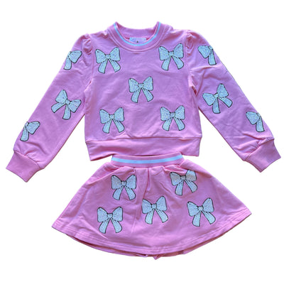 Light Pink White Bow Sweatshirt & Skort Set