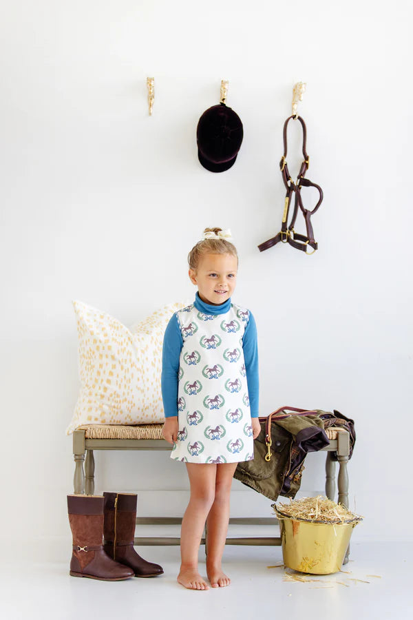 Annie Apron Dress Highland Horses, Barnsley Blue Gingham