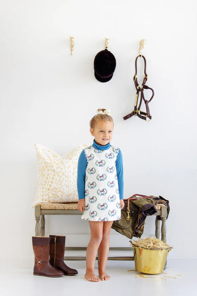Annie Apron Dress Highland Horses, Barnsley Blue Gingham