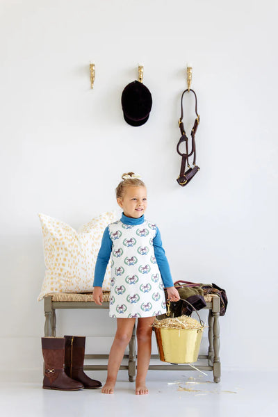 Annie Apron Dress Highland Horses, Barnsley Blue Gingham