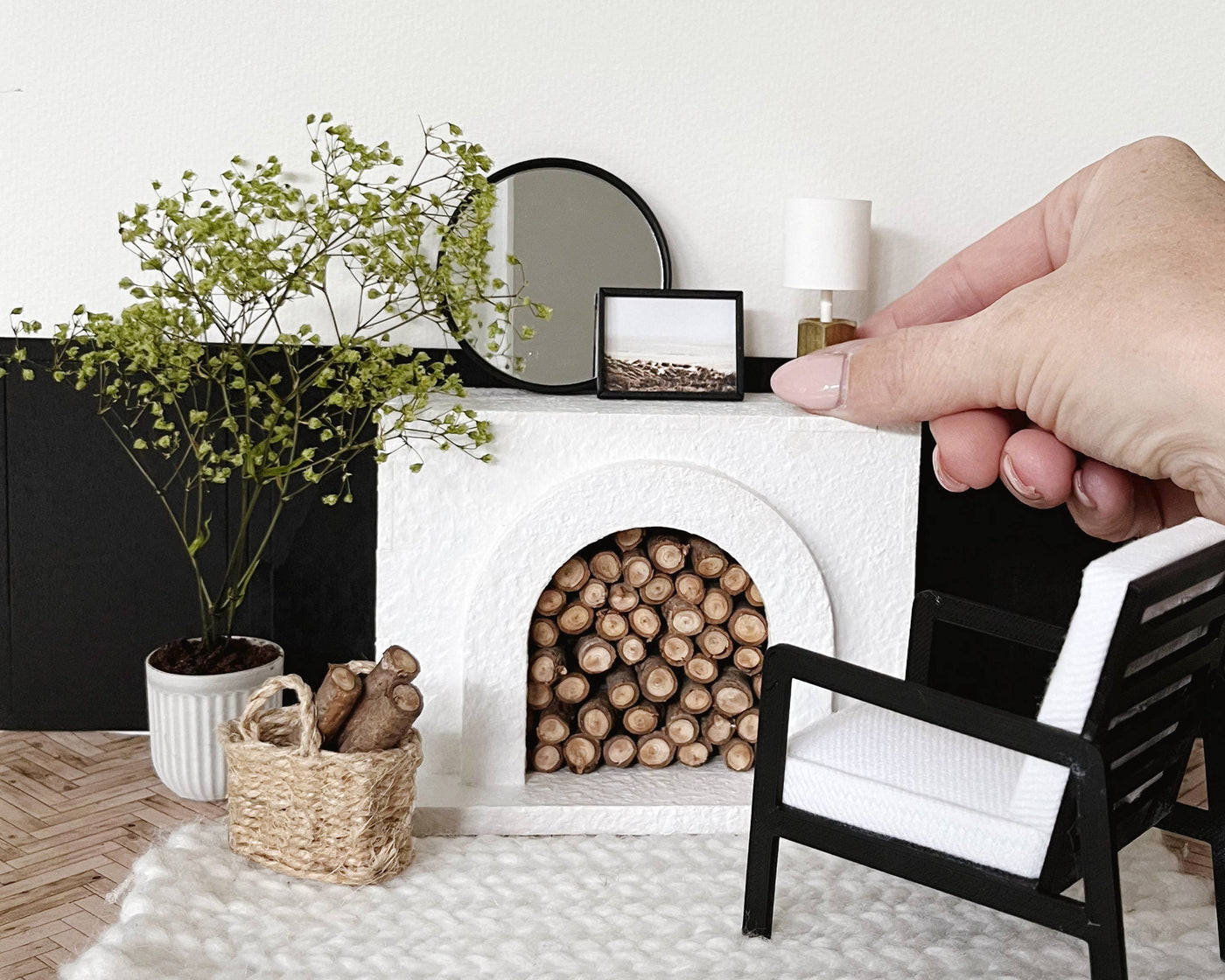 Modern Miniature Dollhouse Fireplace: White Stucco