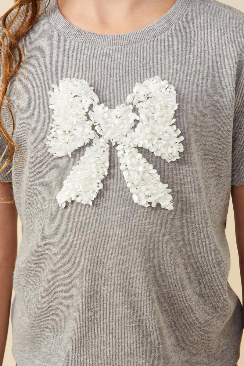 Pearl Detailed Bow Patch Knit T Shirt Heather Grey