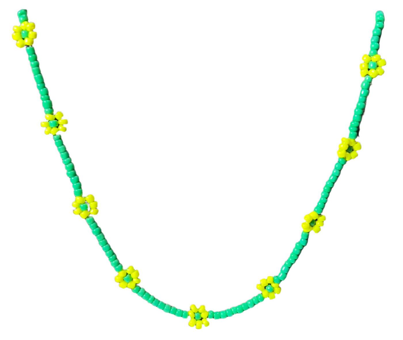 Green Beaded Necklace w/ Yellow Flower Beads