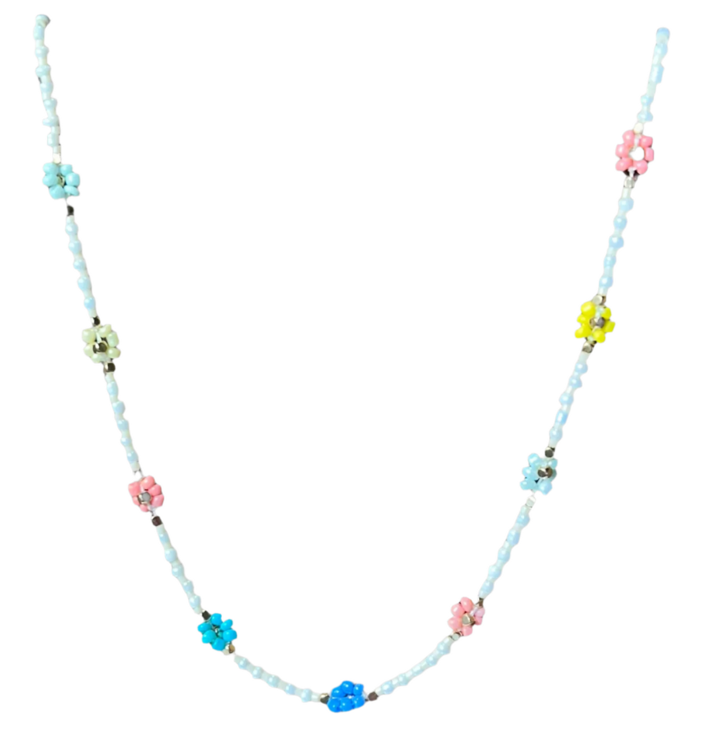 White Beaded Necklace w/ Multi Color Flower Beads