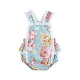 Pink & Blue Floral & Lace Bow Ruffle Romper