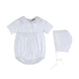 White Collar Button Romper with Bonnet