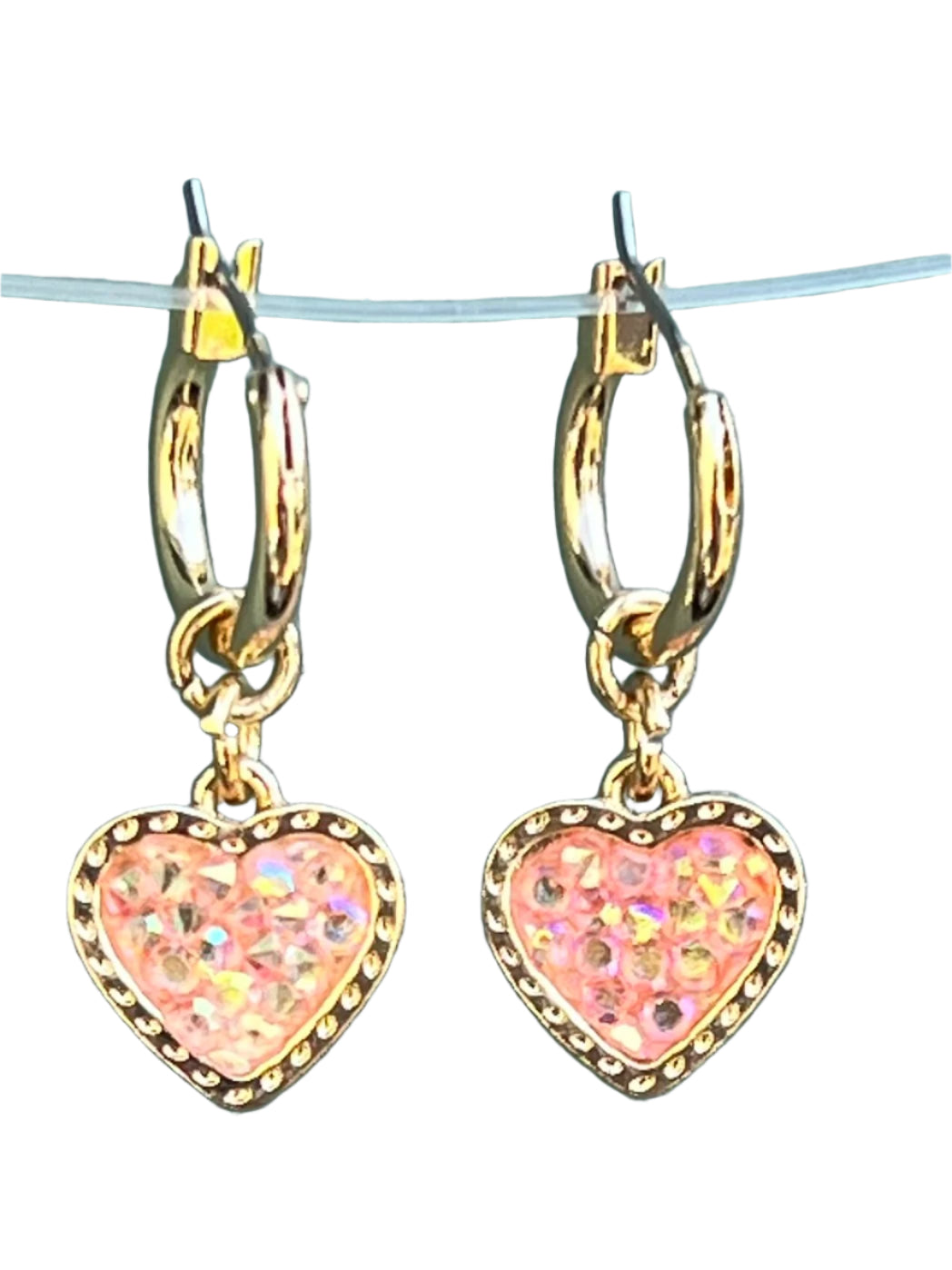 Gold & Pink Stone Heart Charm Earrings