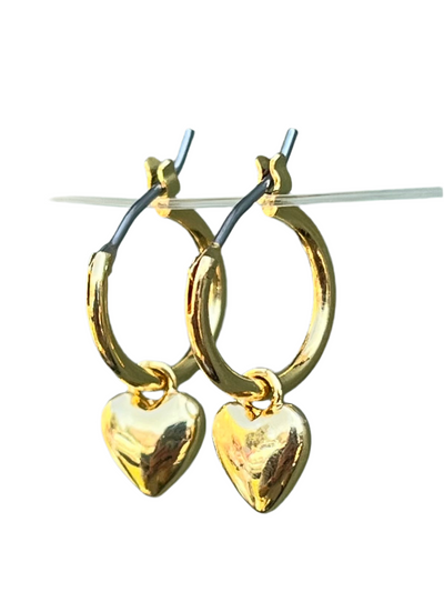 Gold Heart Charm Hoop Earrings