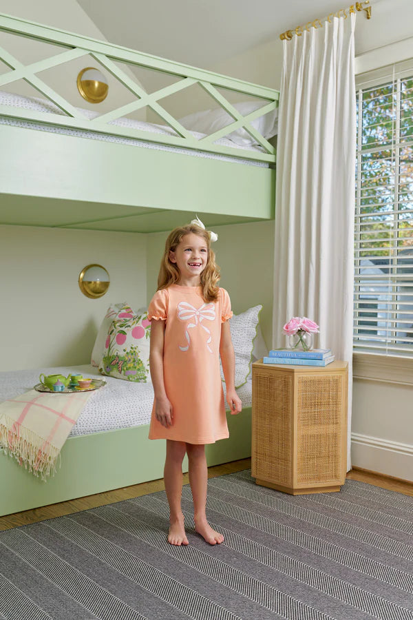 Short Sleeve Eliza's Applique Dress Seashore Sherbet with Palmetto Pearl & Sandpearl Pink Bow