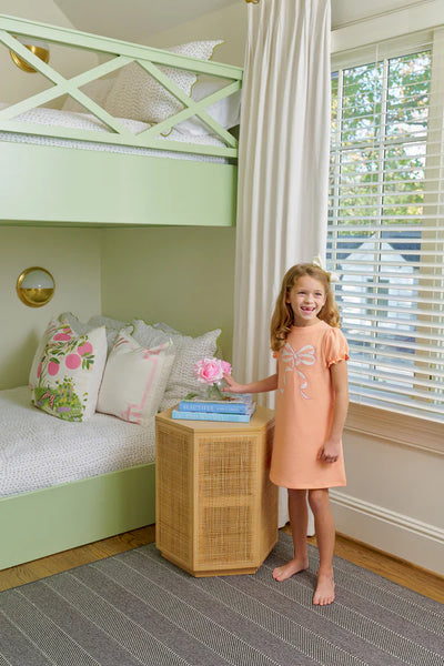 Short Sleeve Eliza's Applique Dress Seashore Sherbet with Palmetto Pearl & Sandpearl Pink Bow