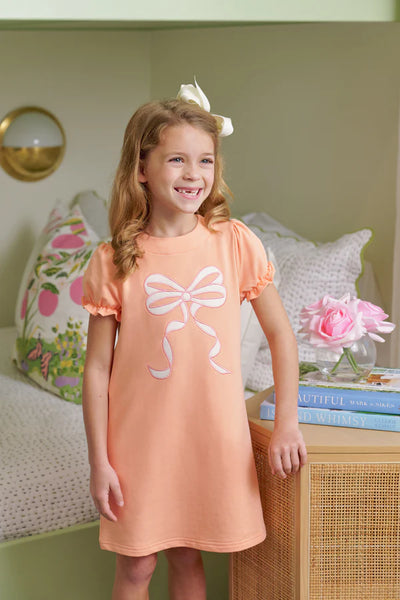 Short Sleeve Eliza's Applique Dress Seashore Sherbet with Palmetto Pearl & Sandpearl Pink Bow