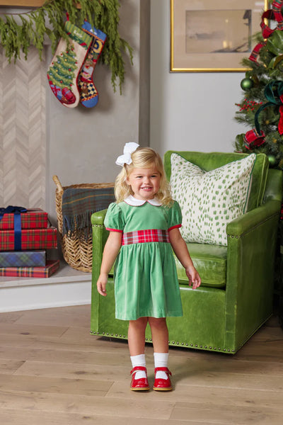 Cindy Lou Sash Dress Kiawah Kelly Green, Worth Ave White, Wilson Pier Plaid, Richmond Red (Velveteen)