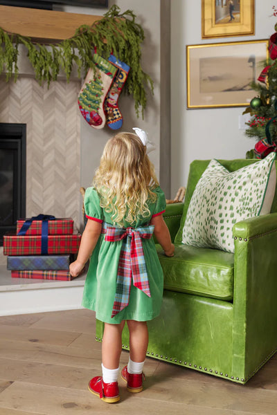 Cindy Lou Sash Dress Kiawah Kelly Green, Worth Ave White, Wilson Pier Plaid, Richmond Red (Velveteen)