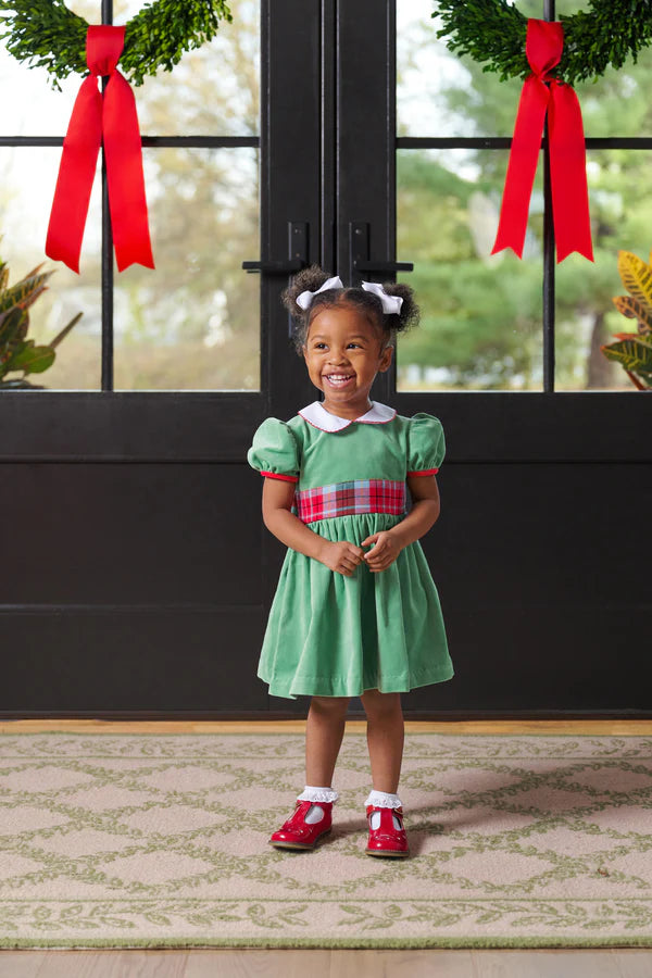 Cindy Lou Sash Dress Kiawah Kelly Green, Worth Ave White, Wilson Pier Plaid, Richmond Red (Velveteen)