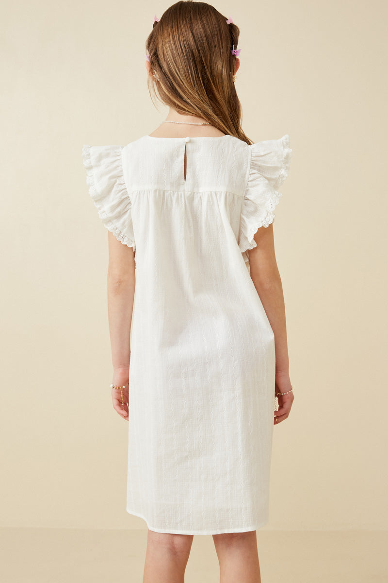 Textured Lace Trim Ruffle Sleeve Dress - Off White