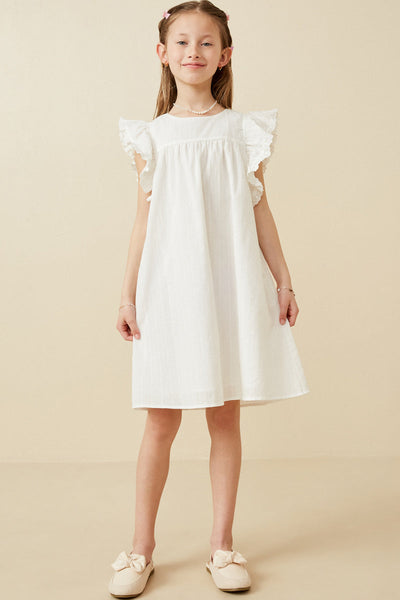 Textured Lace Trim Ruffle Sleeve Dress - Off White