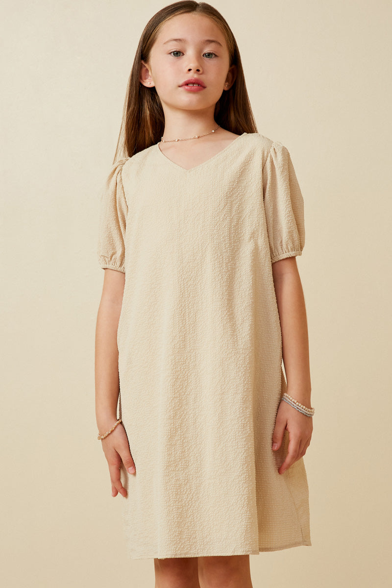 Girls Seersucker Textured V Neck Dress