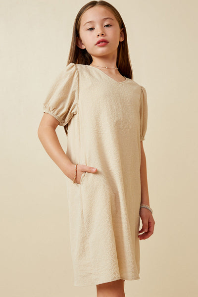 Girls Seersucker Textured V Neck Dress