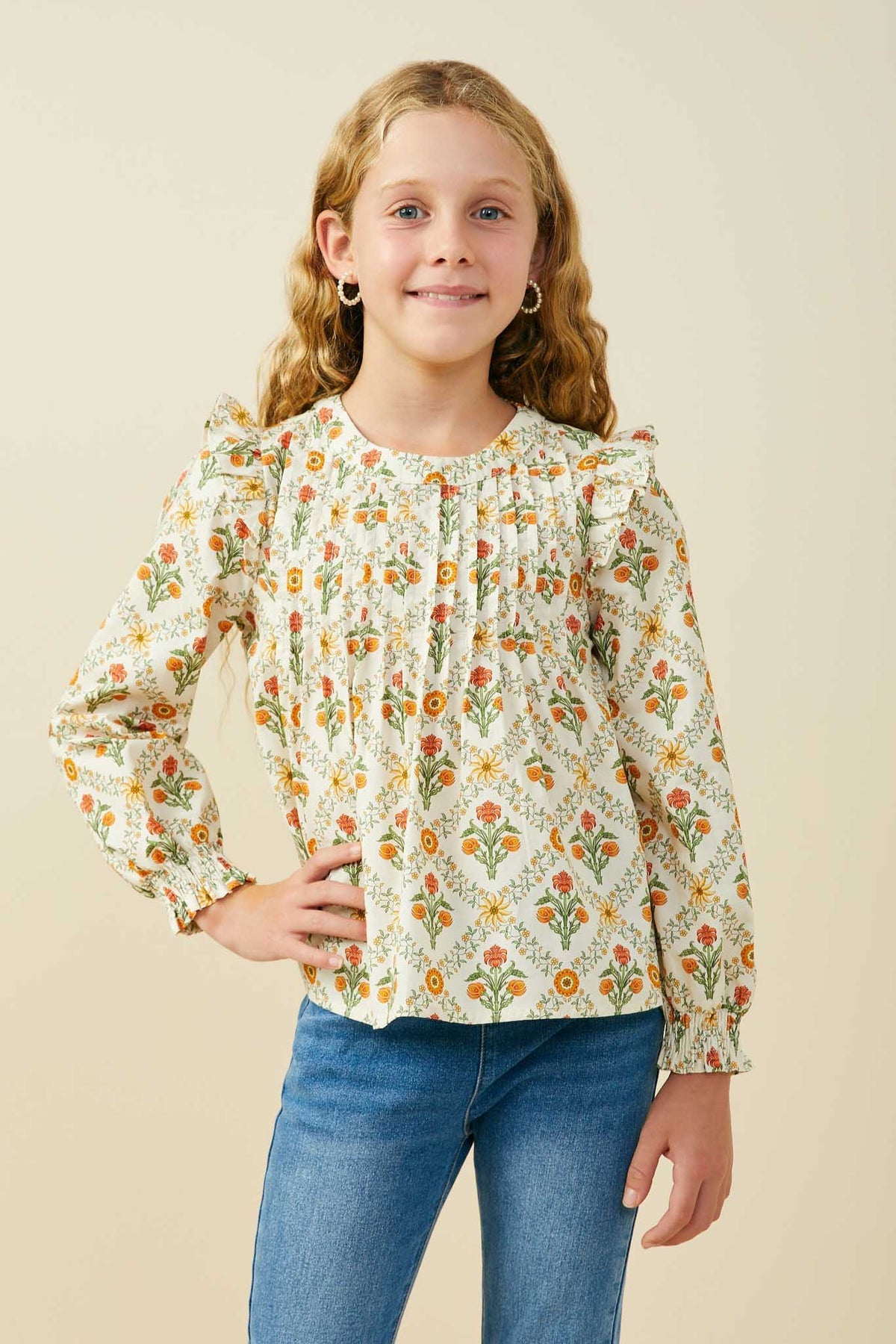 LS Floral Ruffle Top