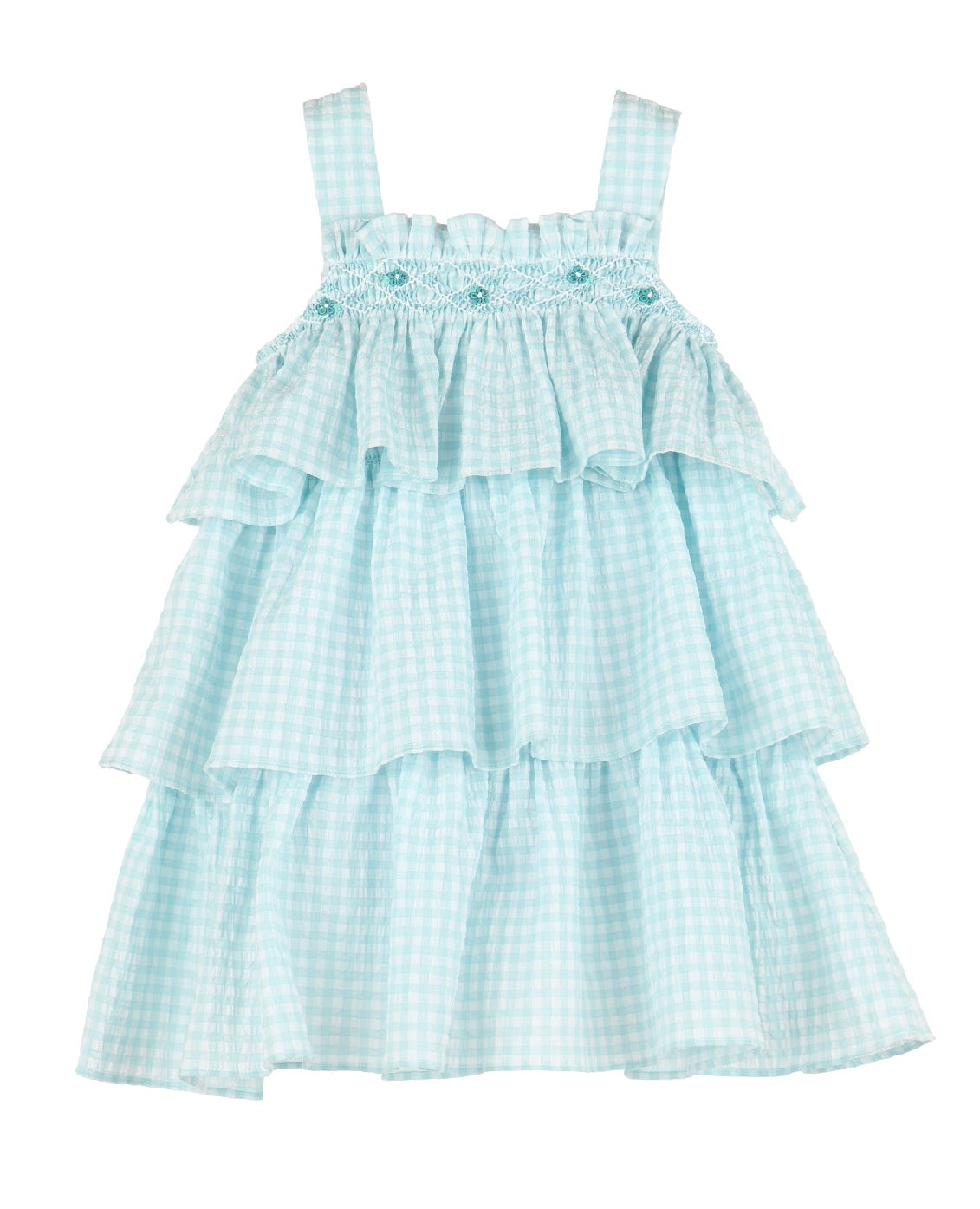 Vichy Smock Ruffle Aqua Dress