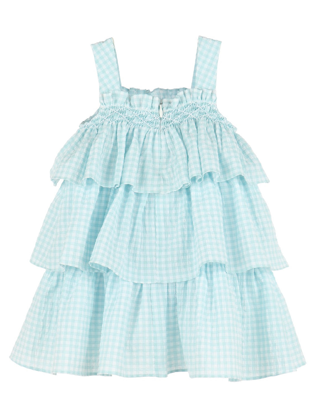 Vichy Smock Ruffle Aqua Dress