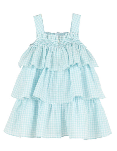 Vichy Smock Ruffle Aqua Dress