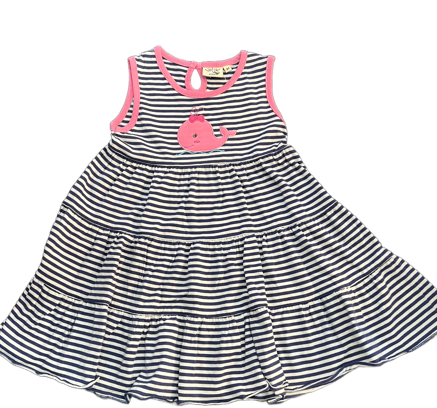 Royal/White Striped Tiered Dress w/ Whale
