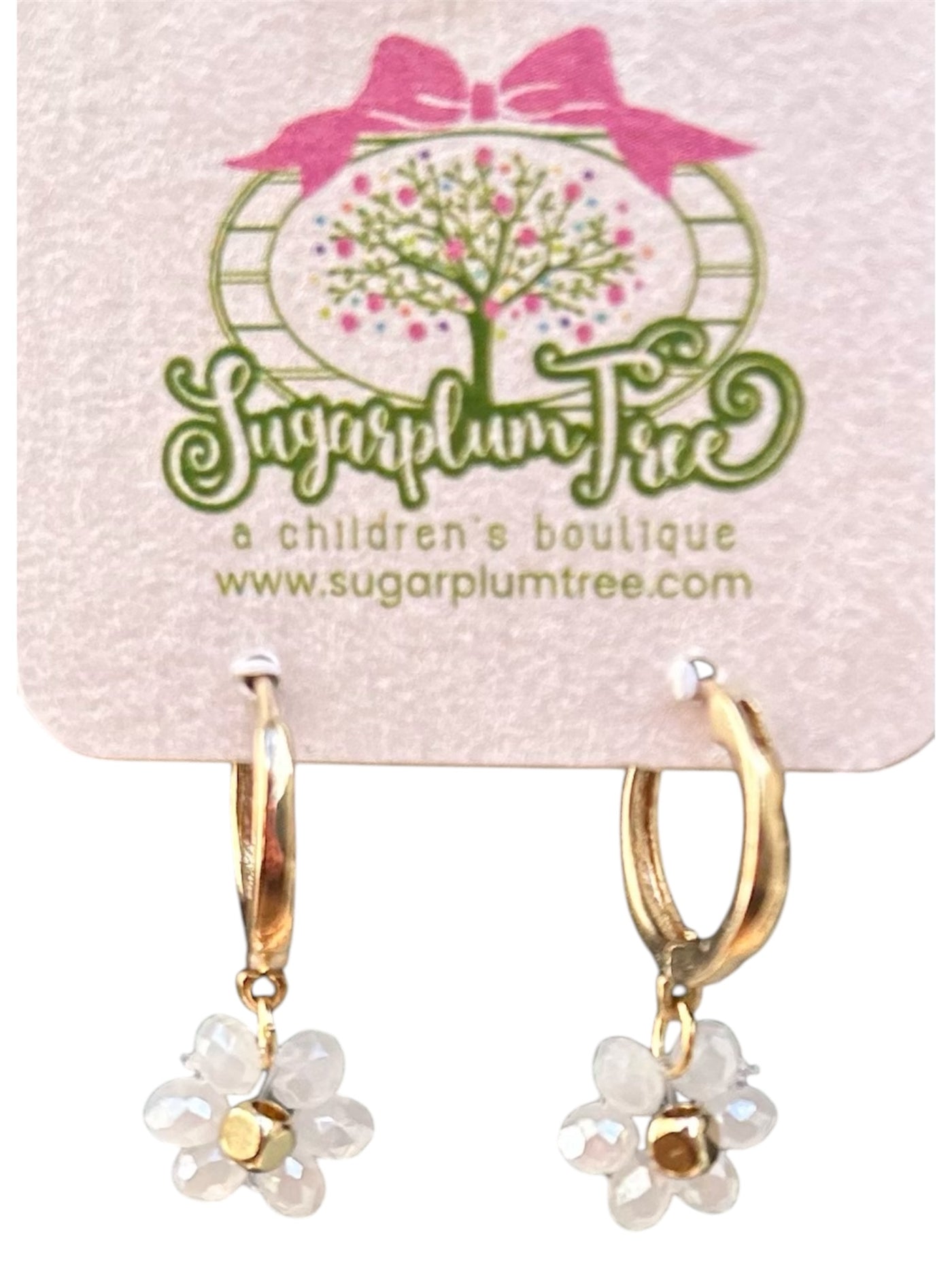 Gold Hoops with White Flower Charm Earrings