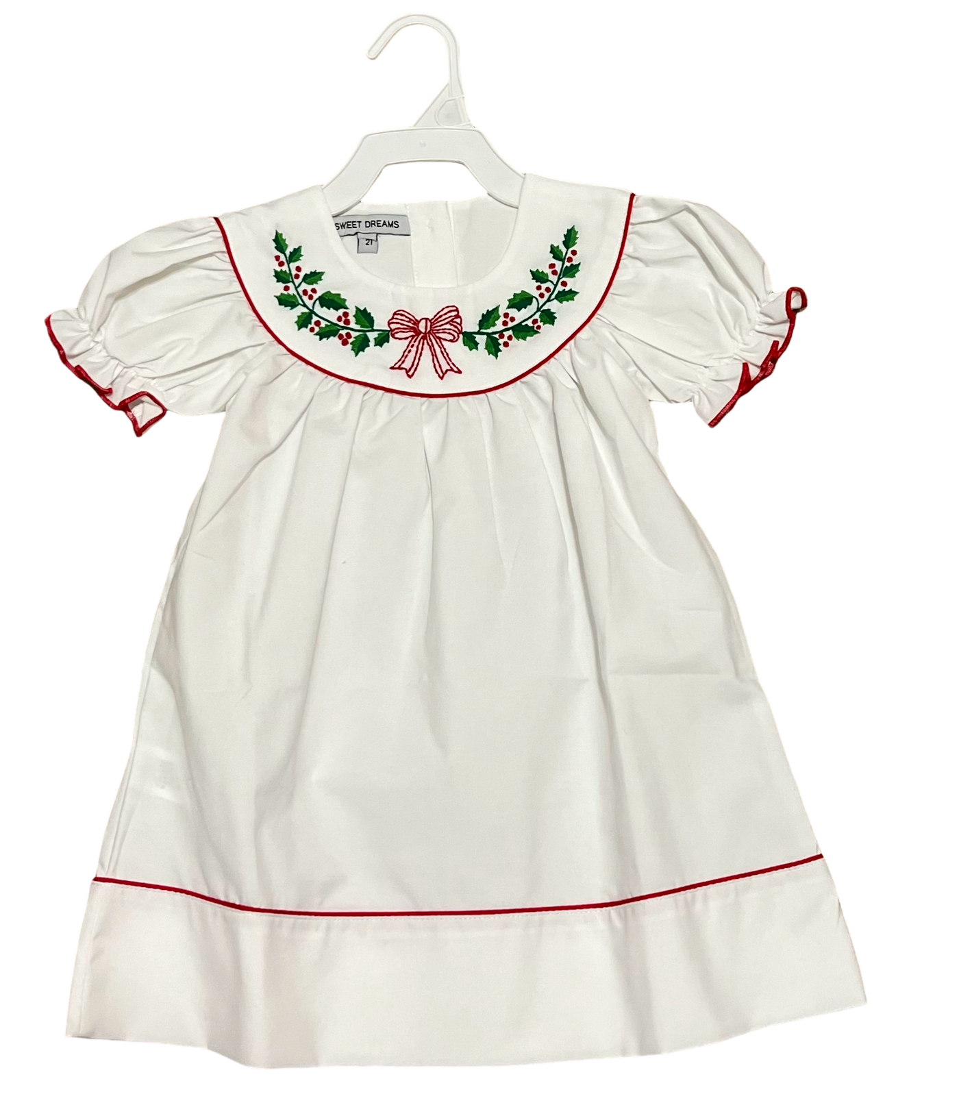 White Embroidered Wreath Red Bow Dress