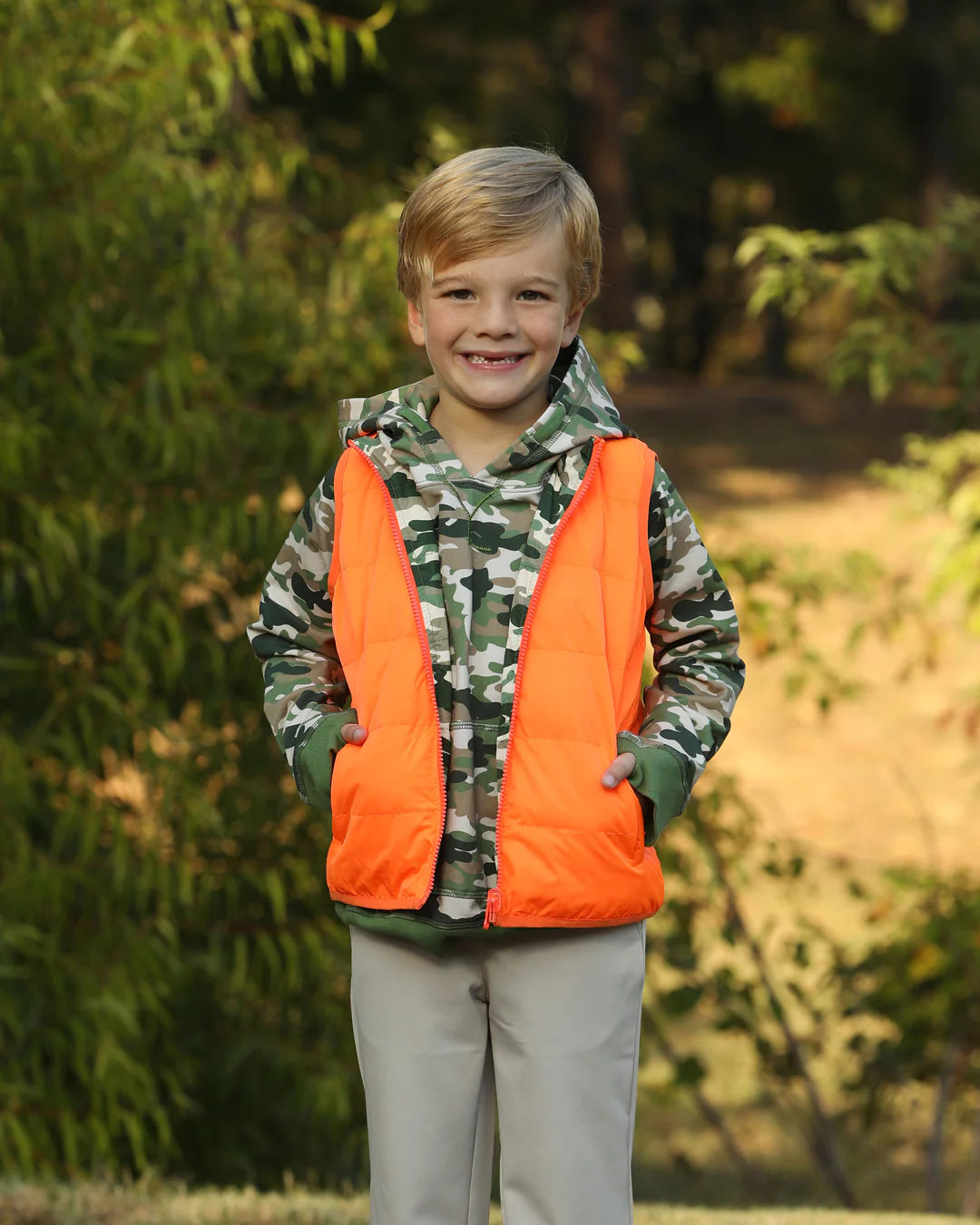 Delta Valley Vest Reversible Hunger Orange Woodland Camo