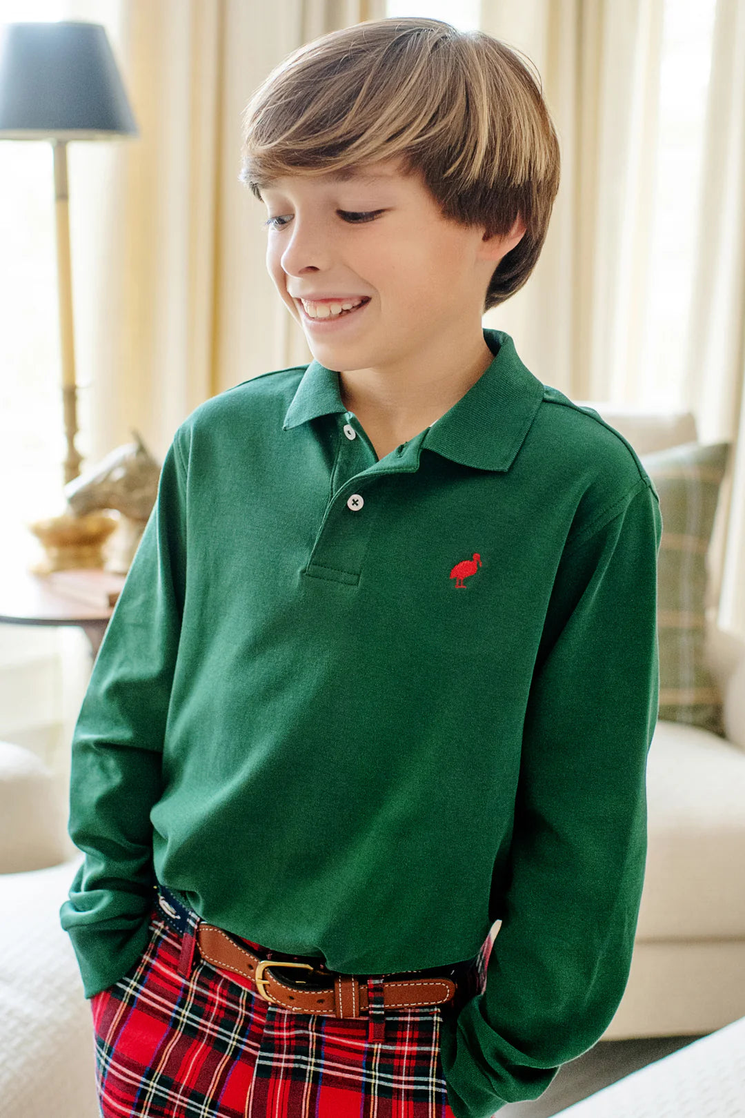 Prim and Proper Polo LS Grier Green Rich Red Stork