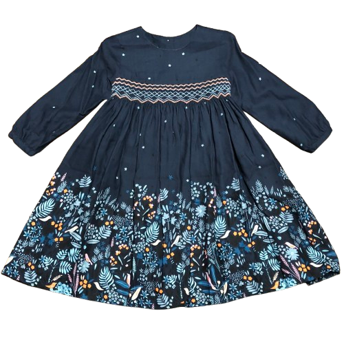 Navy Twill Print Float Dress with Border