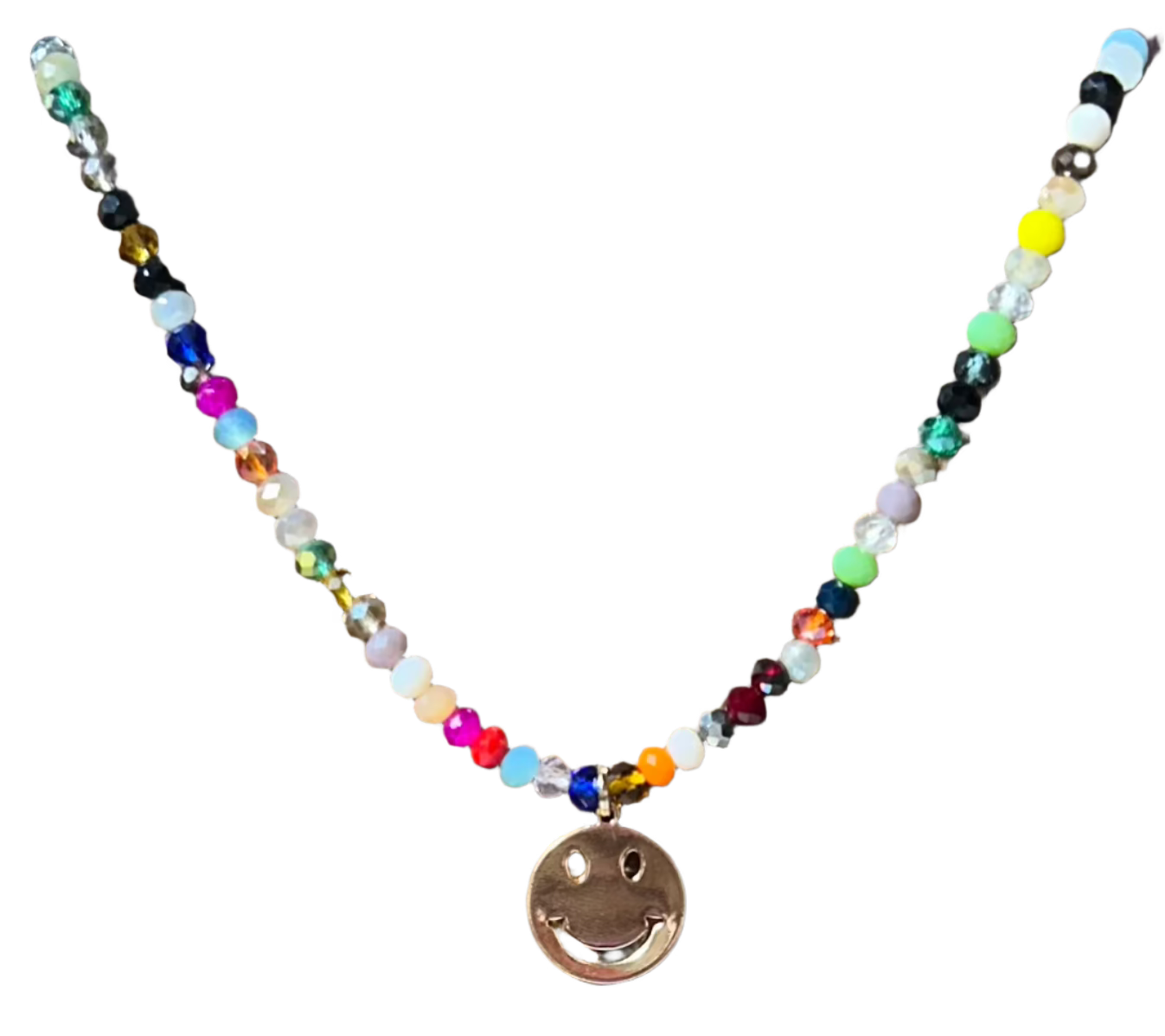 Multi Color Beaded Necklace w/ Gold Smiley Face Pendant