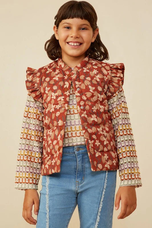 Fall Floral Ruffle Trim Puffer Vest